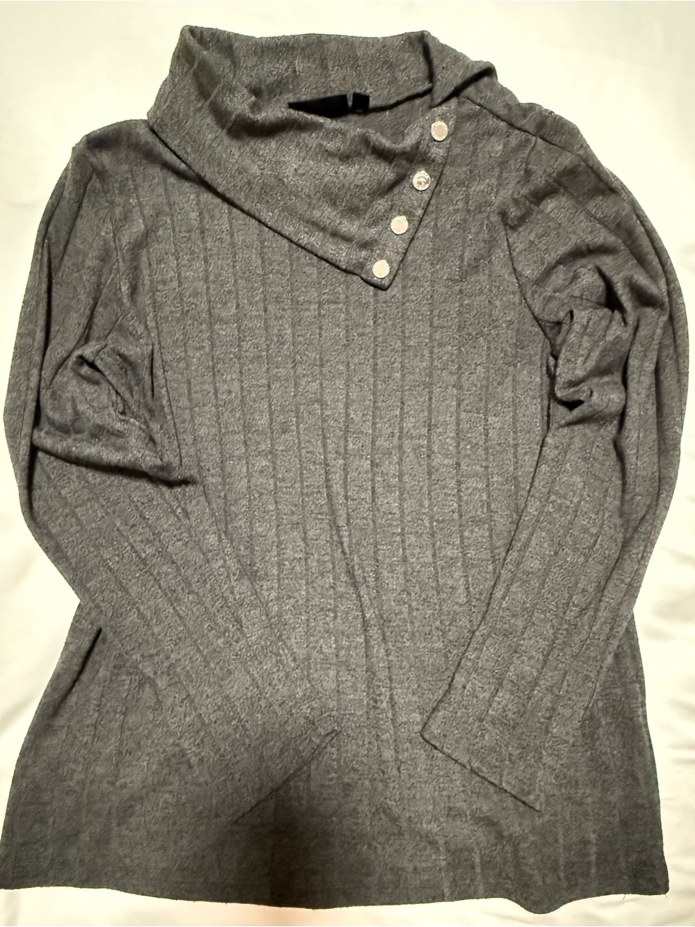Rafaella Gray Ribbed Button-Trim Cowl Neck Sweater